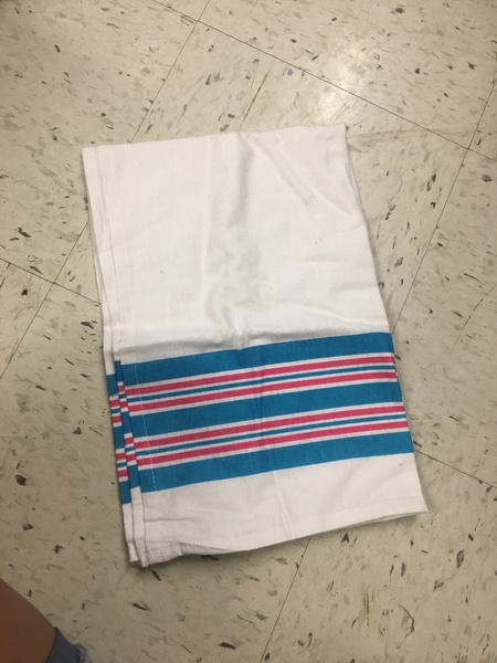 White with blue and red stripe baby blanket